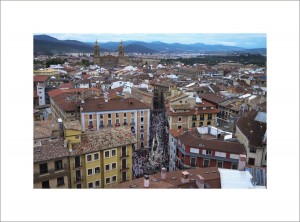 General view of Pamplona during the first bull-run of the San Fermin Festival, on July 7, 2014. The festival is a symbol of Spanish culture that attracts thousands of tourists to watch the bull runs despite heavy condemnation from animal rights groups. AFP PHOTO / PEDRO ARMESTRE